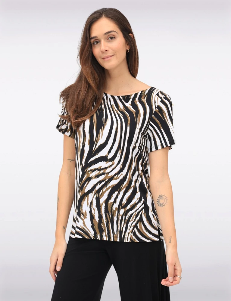 Flowing Draped Silhouette with Wavy Patterned Short Sleeve Top by Amani Couture
