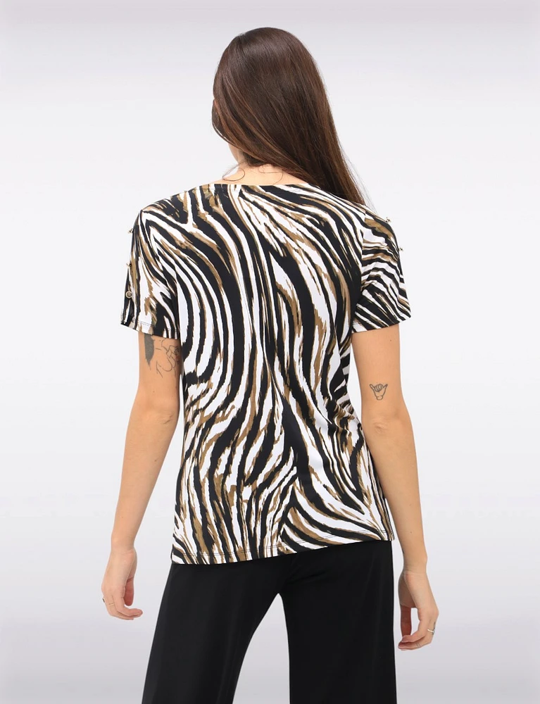 Flowing Draped Silhouette with Wavy Patterned Short Sleeve Top by Amani Couture