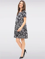 Textured Black & White Short Sleeve A-Line Floral Dress by Amani Couture