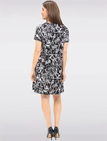 Textured Black & White Short Sleeve A-Line Floral Dress by Amani Couture