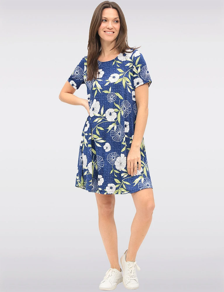 Denim Floral Printed Dress with Short Sleeves & Round Neckline by Amani Couture