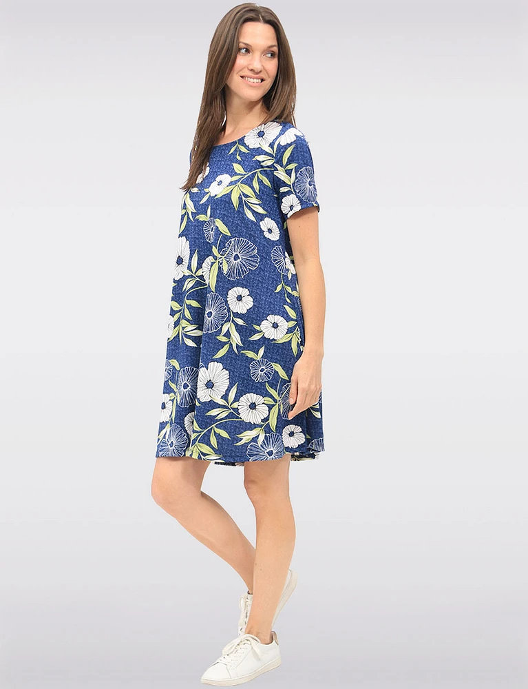 Denim Floral Printed Dress with Short Sleeves & Round Neckline by Amani Couture