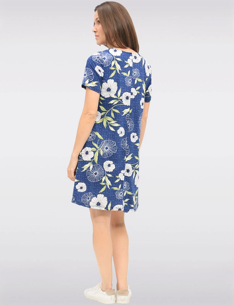 Denim Floral Printed Dress with Short Sleeves & Round Neckline by Amani Couture