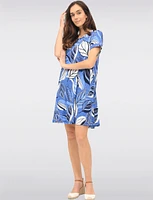 Flowy Denim Printed S/S Dress with Feminine A-Line Cut by Amani Couture