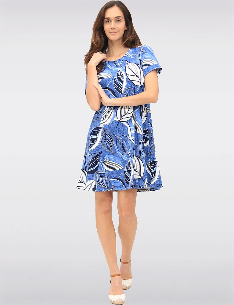 Flowy Denim Printed S/S Dress with Feminine A-Line Cut by Amani Couture