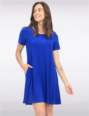 Classic Solid Short Sleeve Round Neck A-line Dress With Pockets By Amani Couture