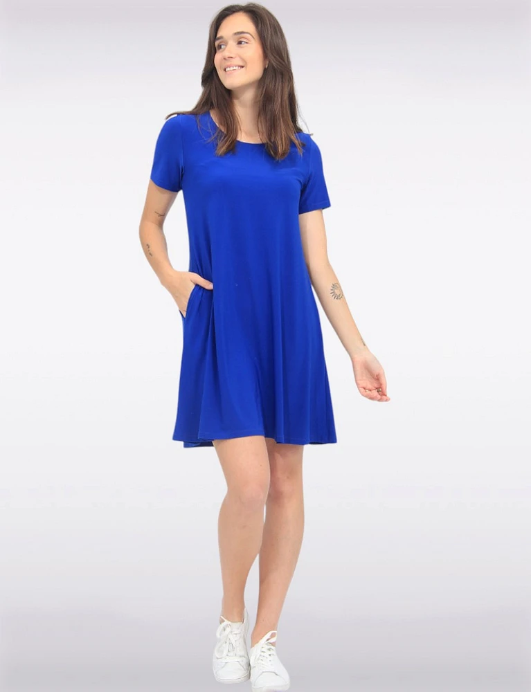 Classic Solid Short Sleeve Round Neck A-line Dress With Pockets By Amani Couture