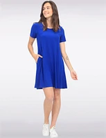 Classic Solid Short Sleeve Round Neck A-line Dress With Pockets By Amani Couture