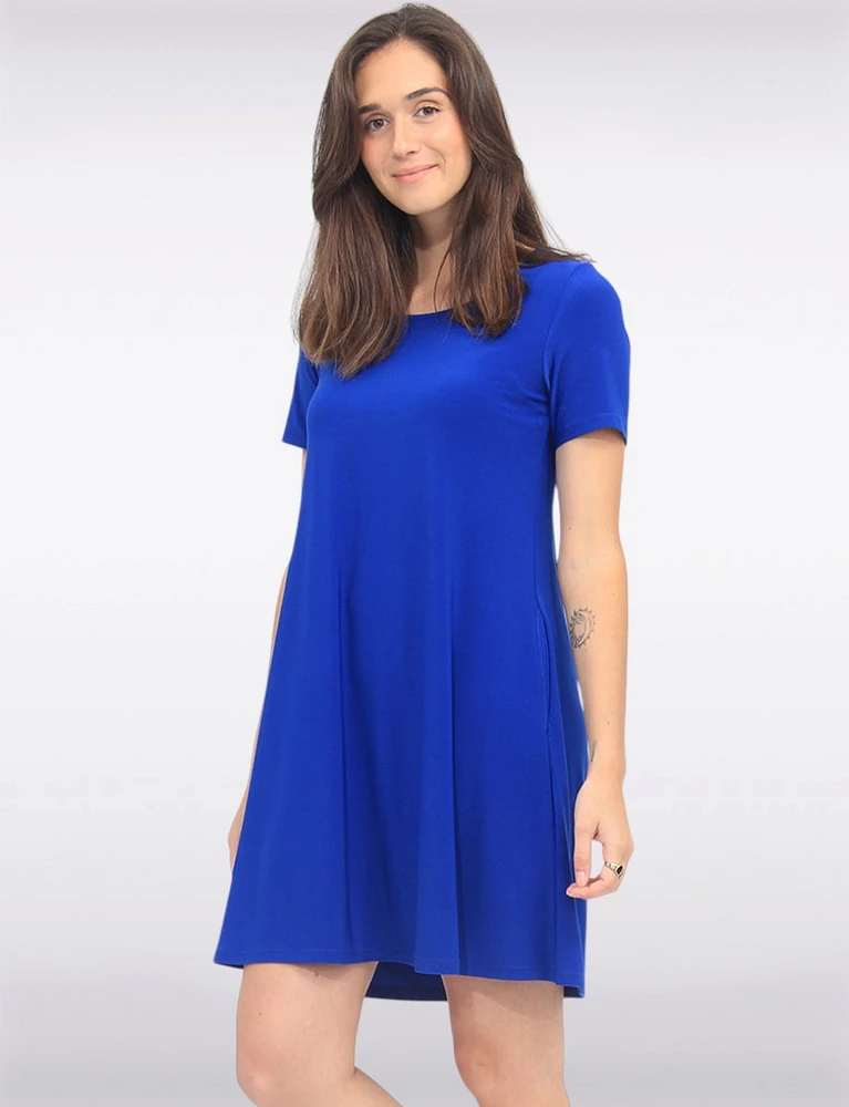Classic Solid Short Sleeve Round Neck A-line Dress With Pockets By Amani Couture