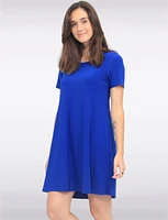 Classic Solid Short Sleeve Round Neck A-line Dress With Pockets By Amani Couture