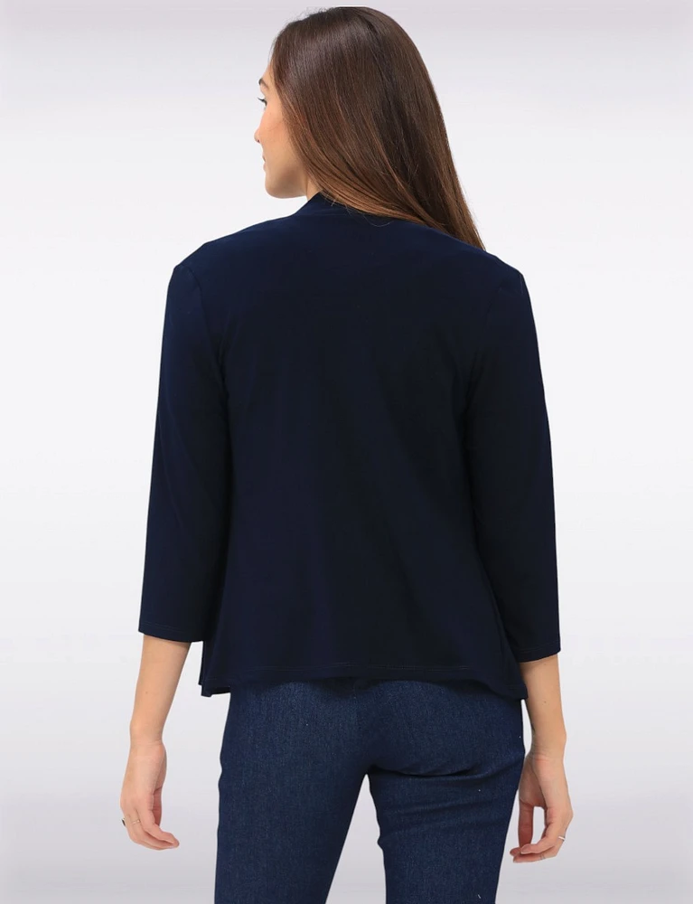 Versatile Draped Front Solid Three-Quarter Sleeves Cardigan by Amani Couture