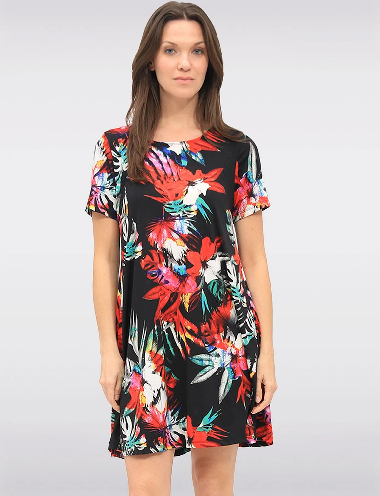 Vibrant Floral Print A-Line Knee-Length Short-Sleeve Dress by Amani Couture