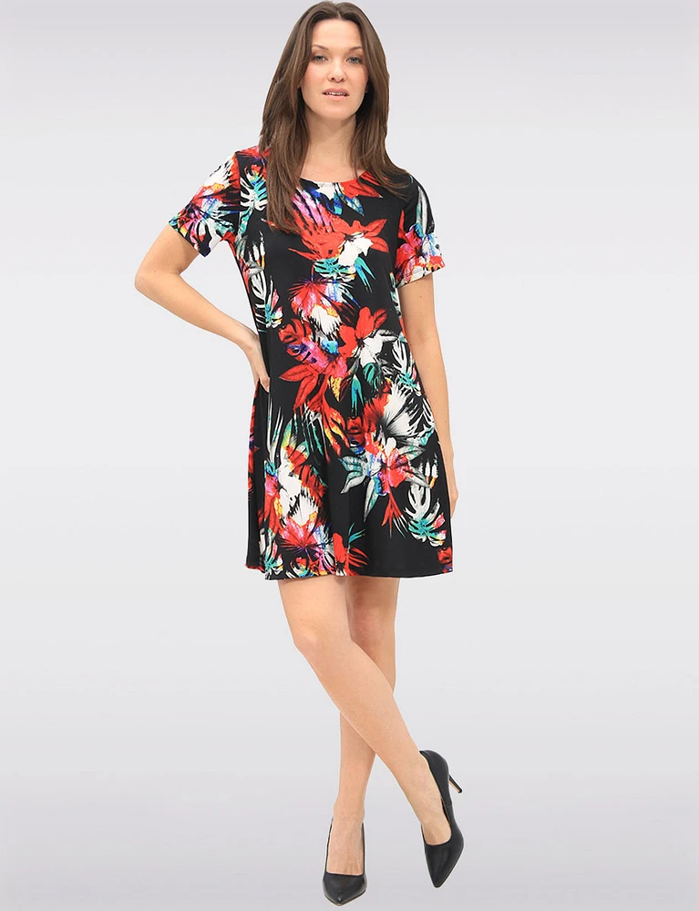Vibrant Floral Print A-Line Knee-Length Short-Sleeve Dress by Amani Couture
