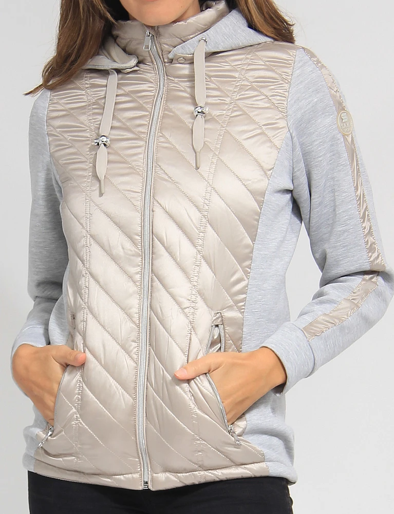Julia Polyloft Hybrid Knit Sleeve Hooded Quilted Puffer by Saki Sport