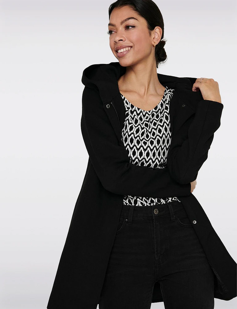 Straight Cut Hooded Zip Front Light Heathered Coat by Only