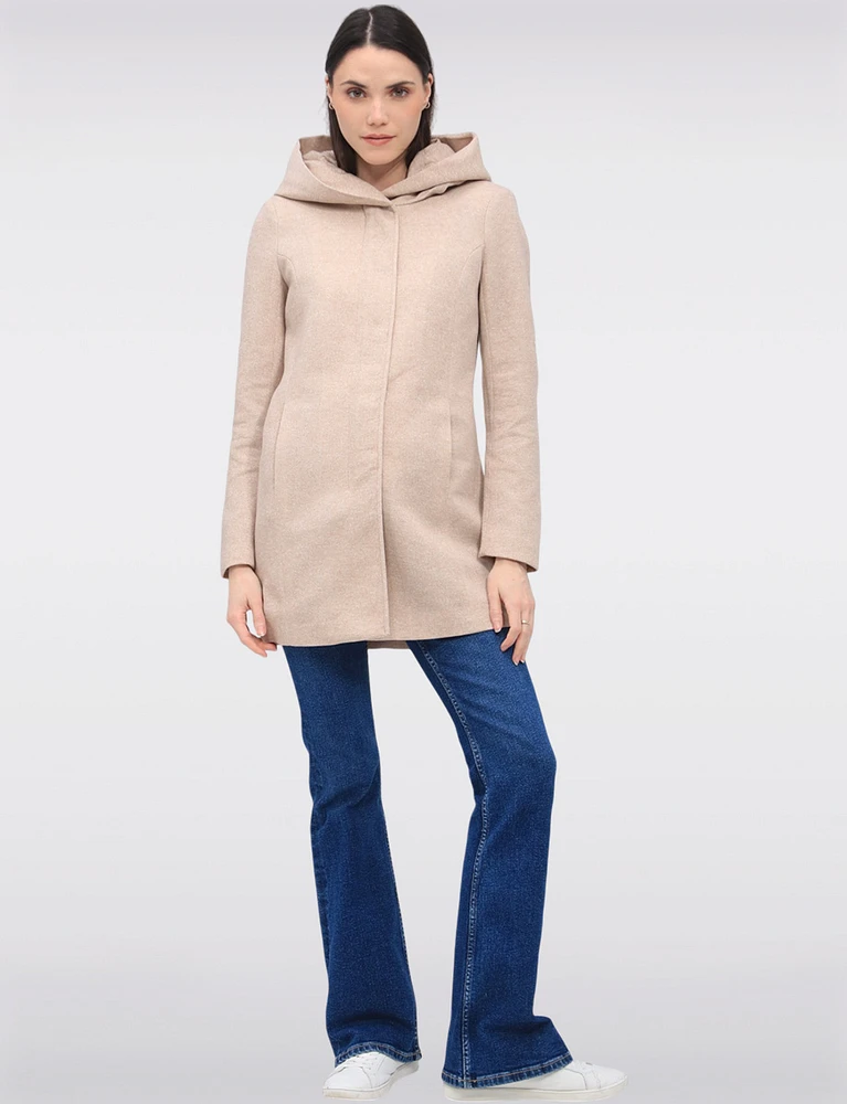 Straight Cut Hooded Zip Front Light Heathered Coat by Only