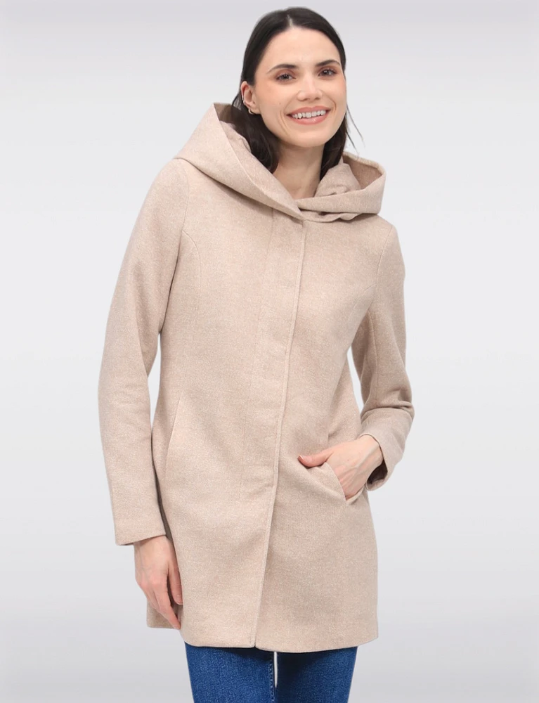 Straight Cut Hooded Zip Front Light Heathered Coat by Only