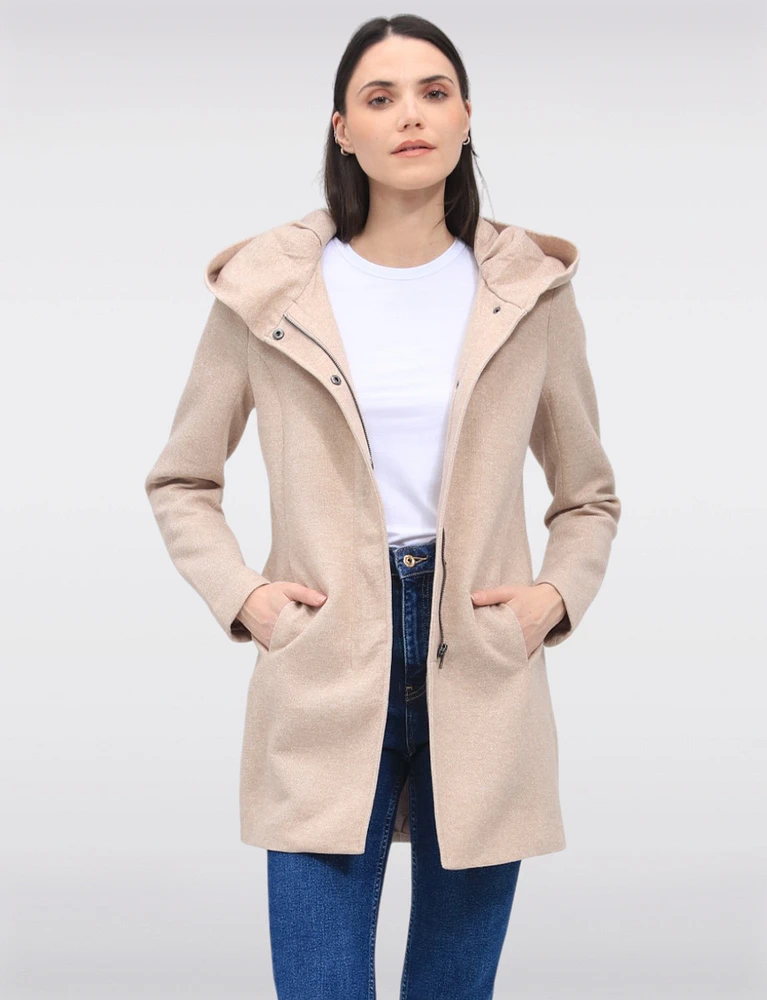 Straight Cut Hooded Zip Front Light Heathered Coat by Only