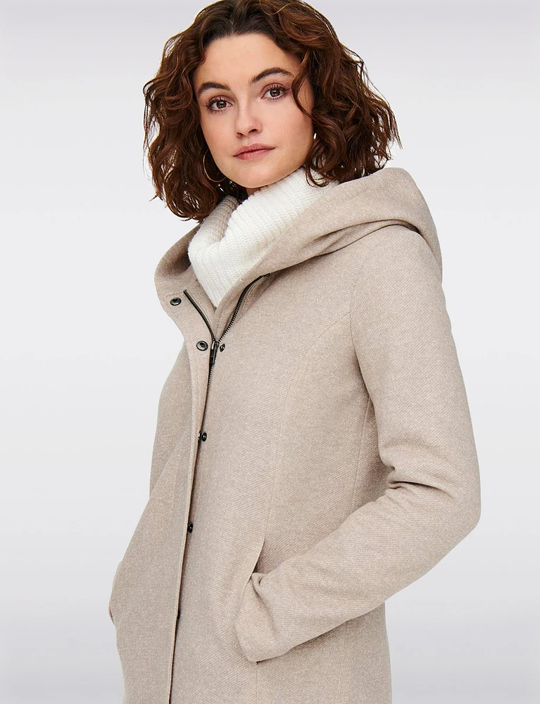 Straight Cut Hooded Zip Front Light Heathered Coat by Only