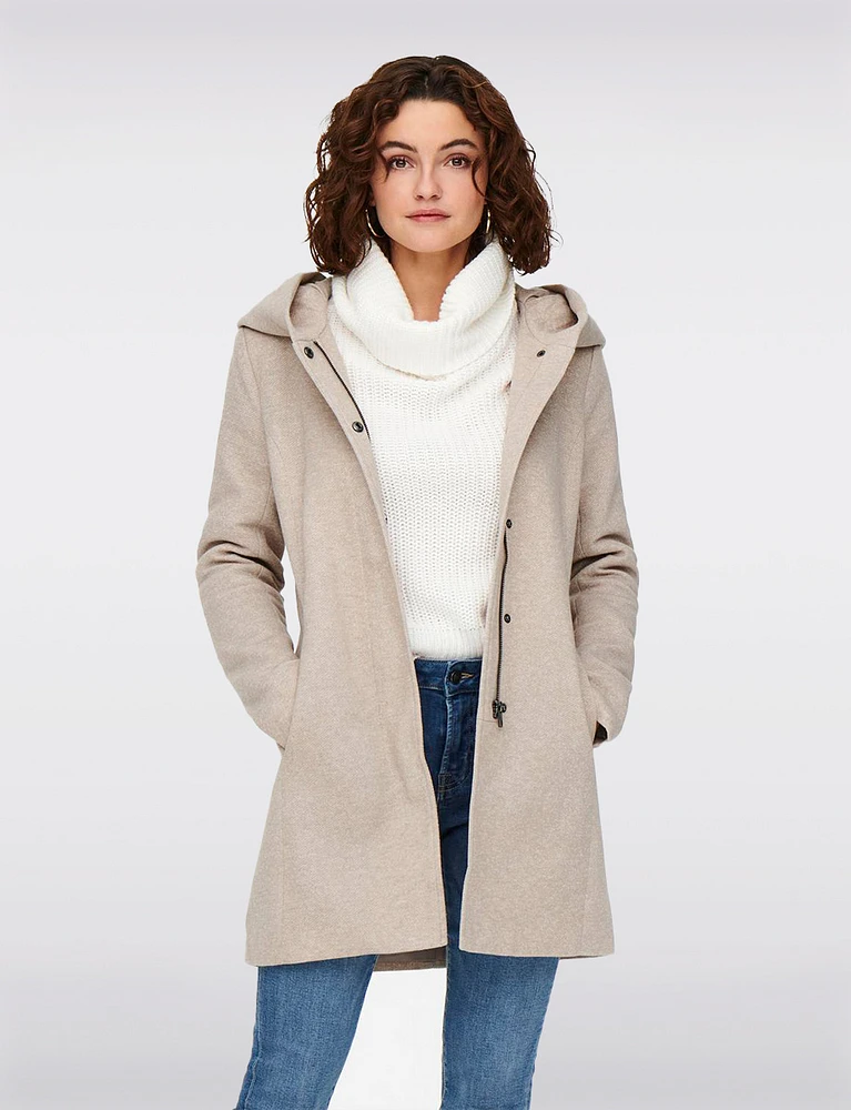 Straight Cut Hooded Zip Front Light Heathered Coat by Only