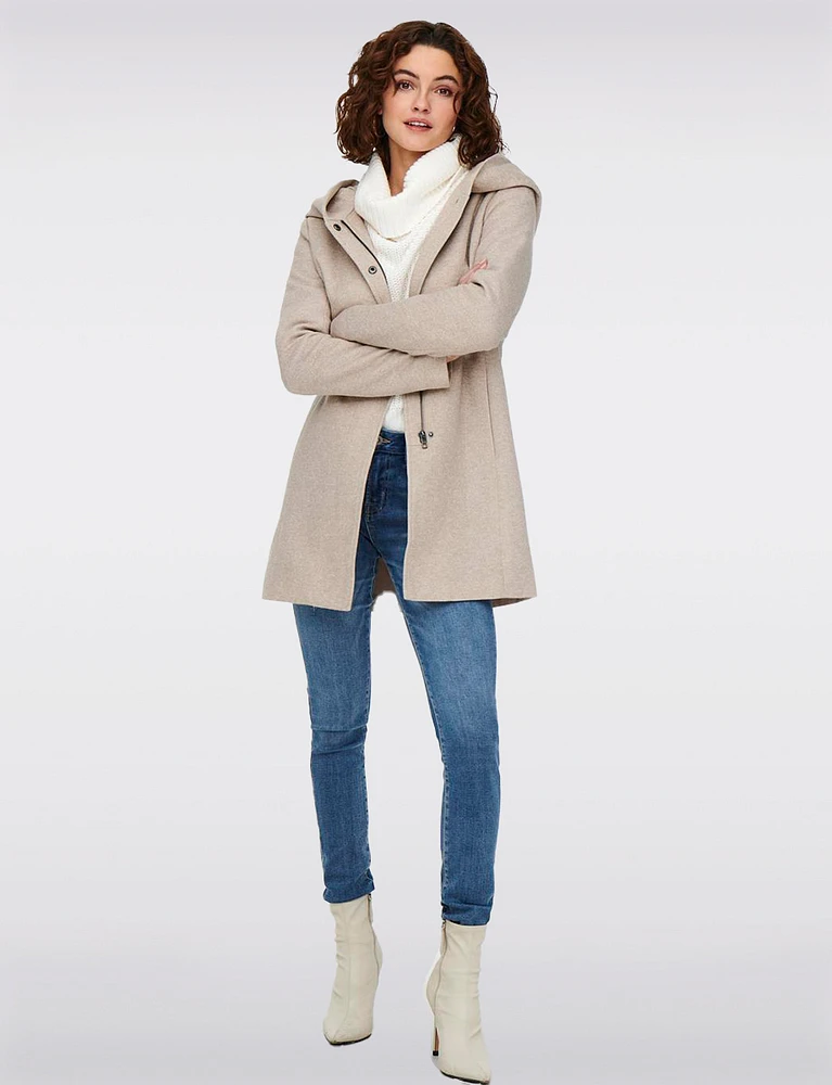 Straight Cut Hooded Zip Front Light Heathered Coat by Only