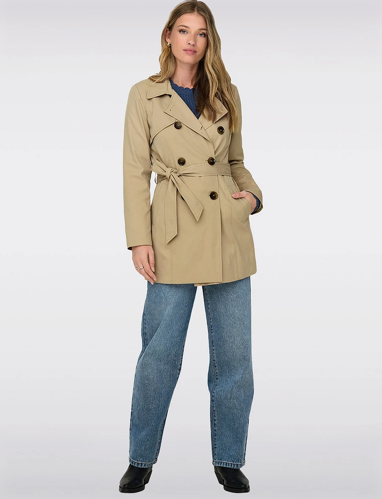 Classic Belted Double-Breasted Short Trench Coat by ONLY