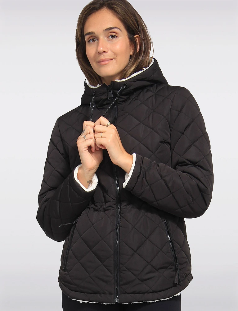 Eco-Friendly Reversible Quilted Sherpa Drawstring Waist Jacket by Free Country