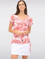 Stylish Graphic Text & Print Short-Sleeve Top with Adjustable Ruched Side by GWV