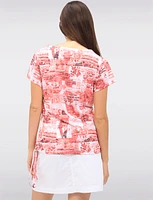 Stylish Graphic Text & Print Short-Sleeve Top with Adjustable Ruched Side by GWV