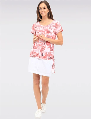 Stylish Graphic Text & Print Short-Sleeve Top with Adjustable Ruched Side by GWV