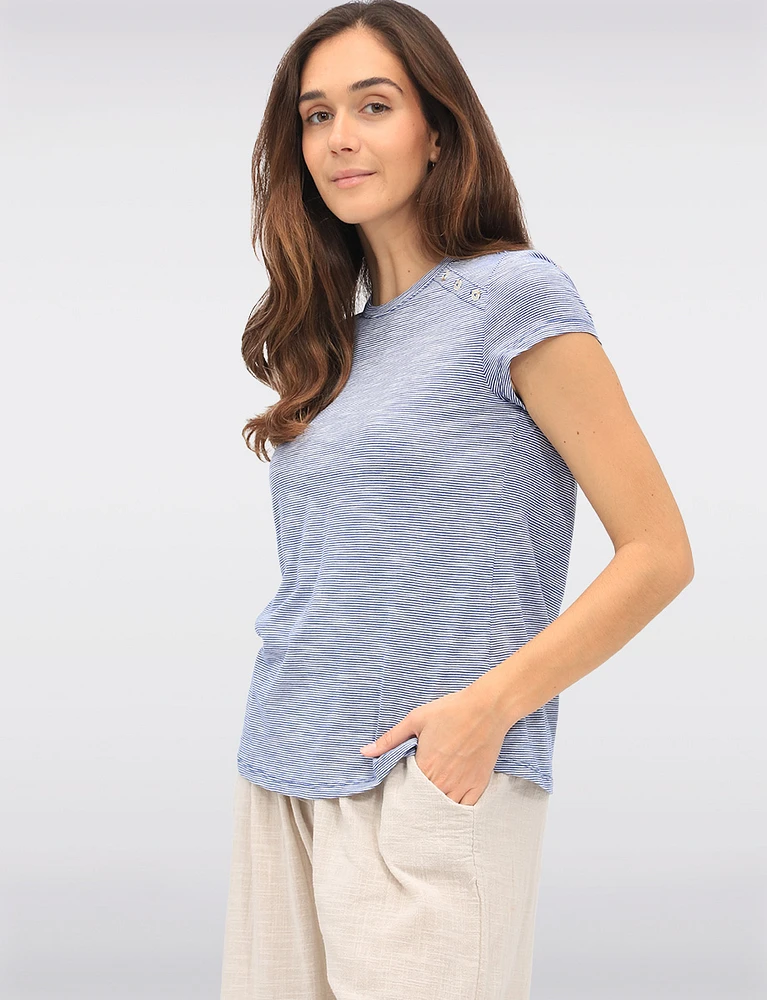 Striped Cotton-Blend Short Sleeve Top with Shoulder Button Accents by GWV