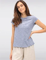 Striped Cotton-Blend Short Sleeve Top with Shoulder Button Accents by GWV