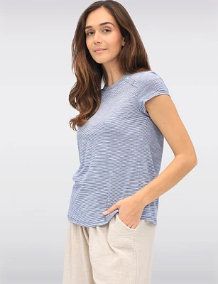 Striped Cotton-Blend Short Sleeve Top with Shoulder Button Accents by GWV