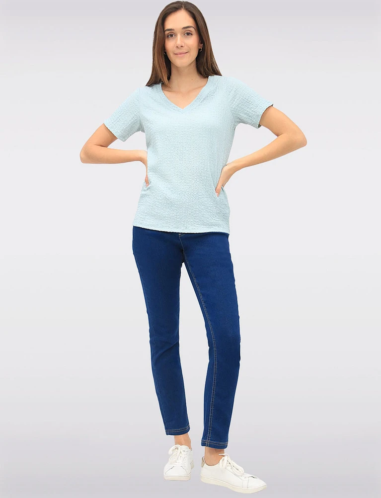 Classic Textured Smocked V-Neck Short Sleeve Top by GWV