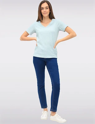 Classic Textured Smocked V-Neck Short Sleeve Top by GWV