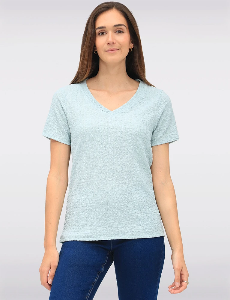 Classic Textured Smocked V-Neck Short Sleeve Top by GWV