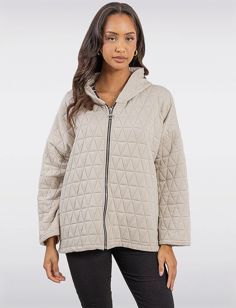 Cozy Diamond Quilted Zip-Front Long-Sleeve Hoodie by Froccella