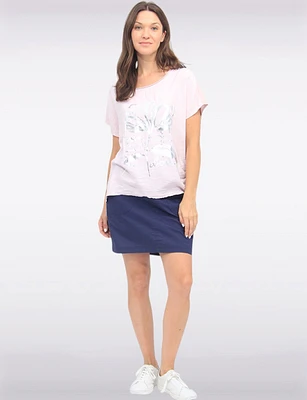 Foil Flower Print Cotton-Blend Drawstring Side Short Sleeve Top by Froccella