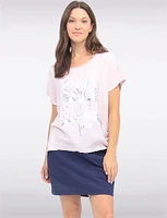 Foil Flower Print Cotton-Blend Drawstring Side Short Sleeve Top by Froccella