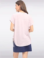 Foil Flower Print Cotton-Blend Drawstring Side Short Sleeve Top by Froccella