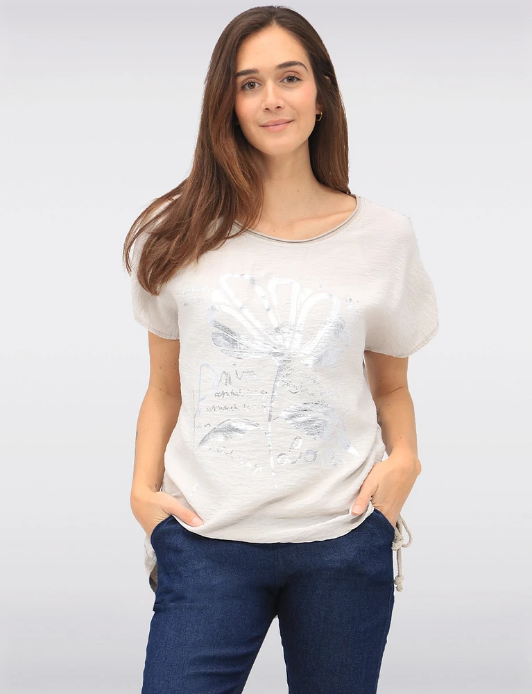 Foil Flower Print Cotton-Blend Drawstring Side Short Sleeve Top by Froccella