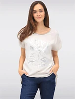 Foil Flower Print Cotton-Blend Drawstring Side Short Sleeve Top by Froccella