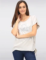 Foil Flower Print Cotton-Blend Drawstring Side Short Sleeve Top by Froccella