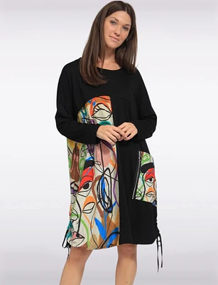 Cotton Blend Knit Dress Long Sleeves Ruched Details Abstract Print by Froccella