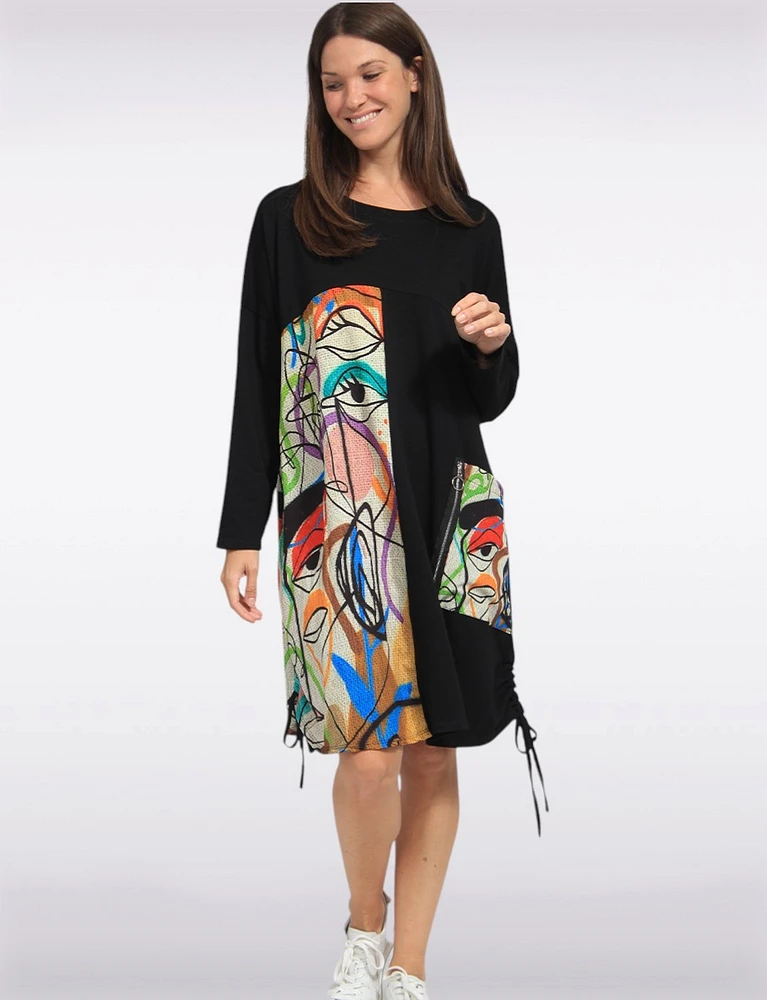 Cotton Blend Knit Dress Long Sleeves Ruched Details Abstract Print by Froccella