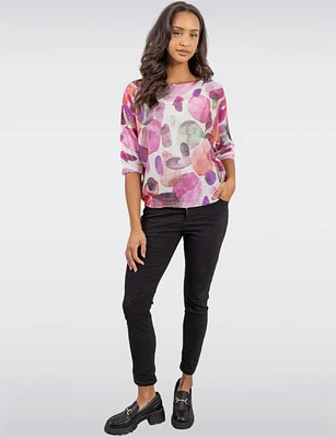 Elegant 3/4 Sleeve Boatneck Knit Top with a Trendy Printed Design by Froccella