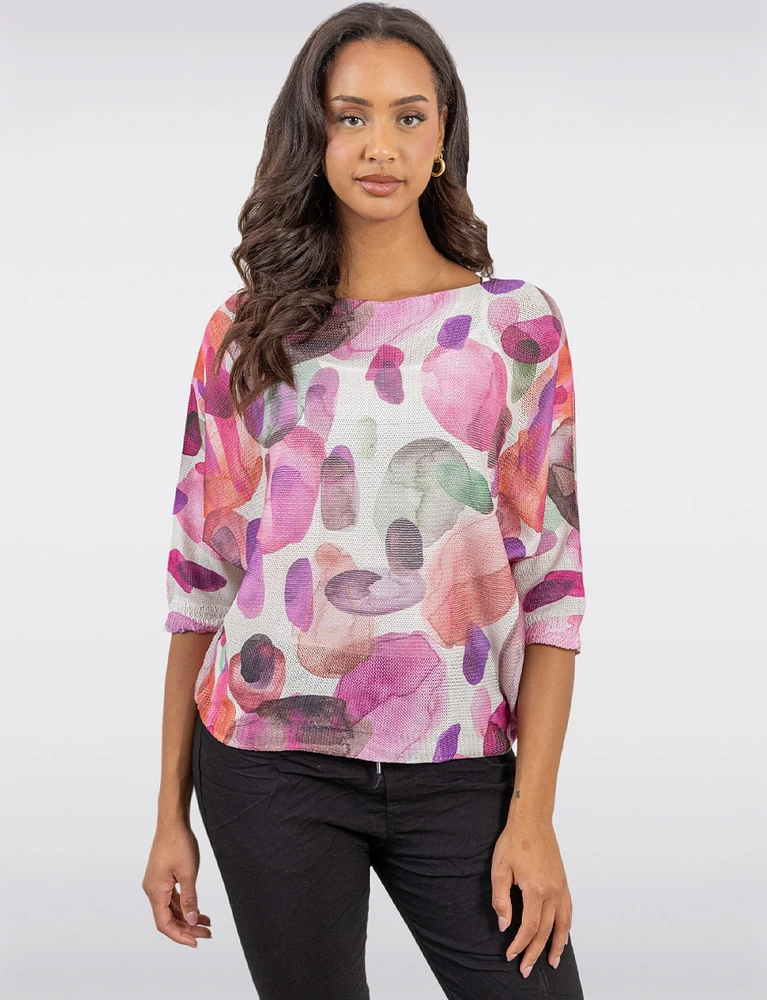 Elegant 3/4 Sleeve Boatneck Knit Top with a Trendy Printed Design by Froccella