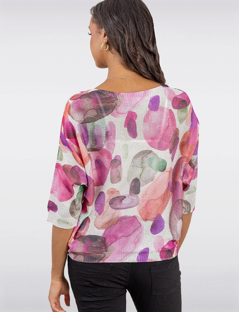 Elegant 3/4 Sleeve Boatneck Knit Top with a Trendy Printed Design by Froccella