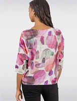 Elegant 3/4 Sleeve Boatneck Knit Top with a Trendy Printed Design by Froccella