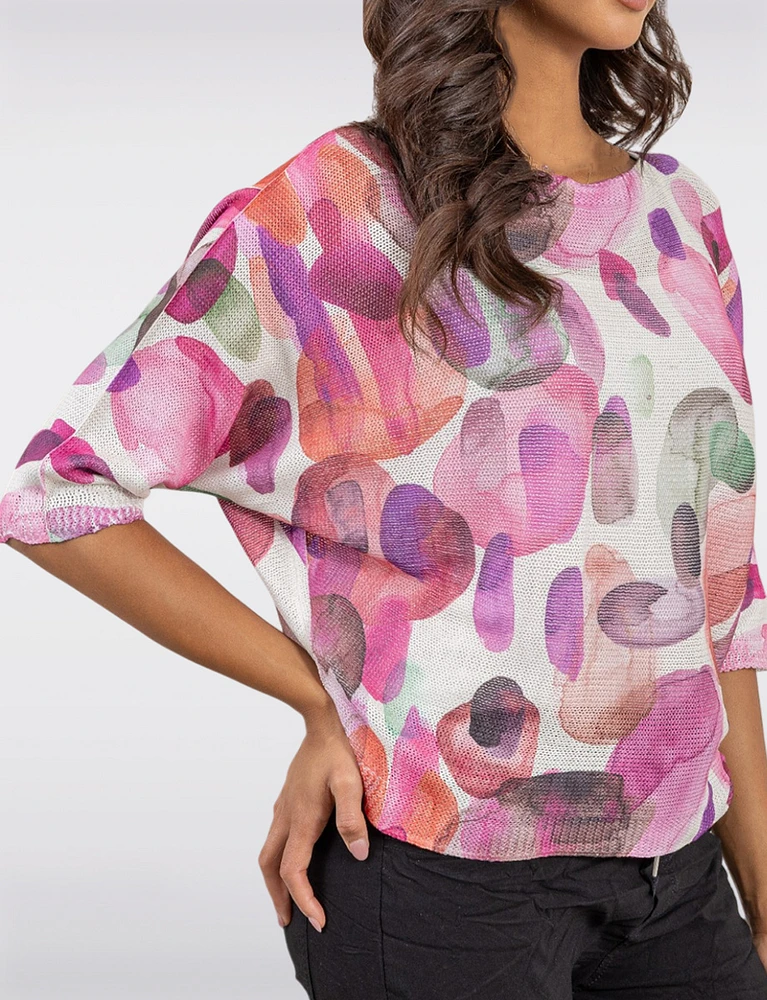 Elegant 3/4 Sleeve Boatneck Knit Top with a Trendy Printed Design by Froccella